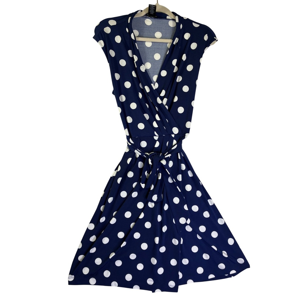 Ann Taylor Navy Blue White Polka Dot Faux Wrap Dress Sleeveless Size 10